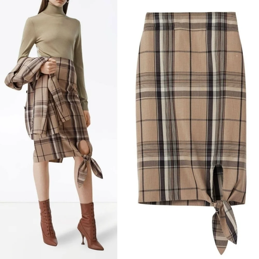 New Burberry Knot Detail Nova Check Driftwood Pattern Pencil Skirt NWT 0 US/2 UK